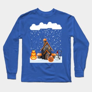 Creepy snowman spooky hut lots of snowflakes snow pumpkin Halloween Long Sleeve T-Shirt